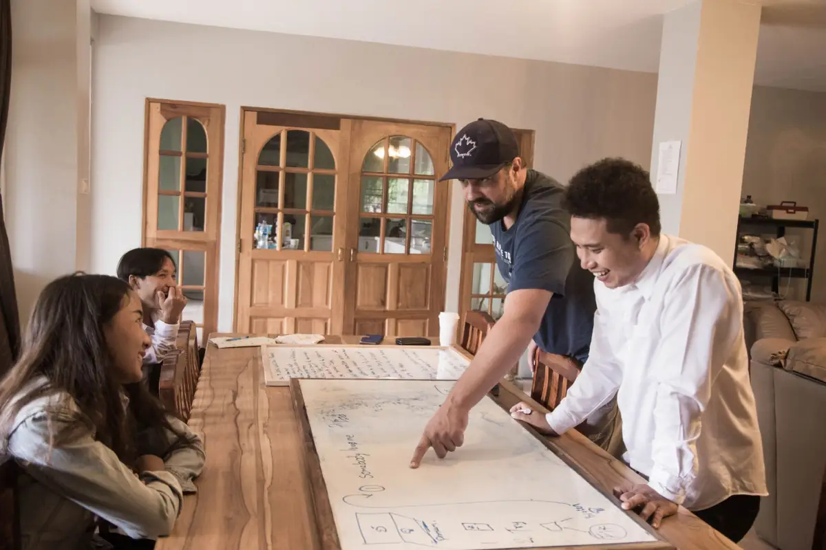 People planning a workflow together around a whiteboard on a table