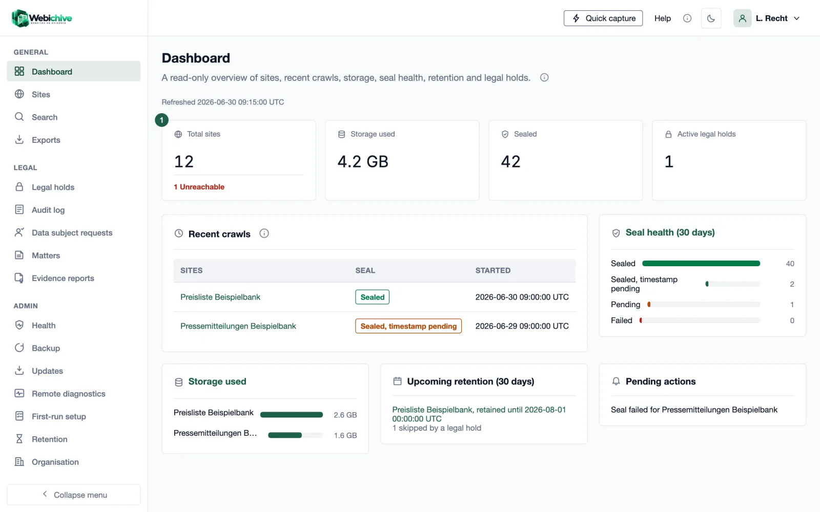 Webichive dashboard with total sites, storage used, sealed crawls, active legal holds and seal health